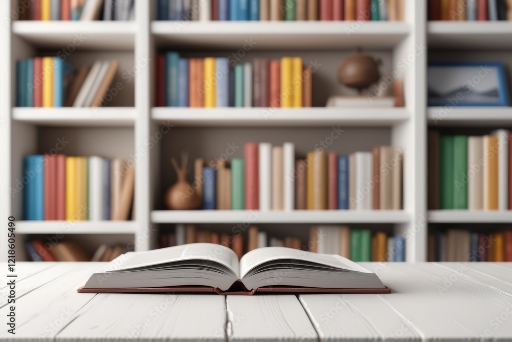 Poster a close-up table with opened book over bookshelf filled with books in a library