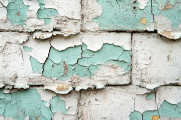 Obraz premium Weathered brick wall showing peeling paint in shades of turquoise and white with cracks and texture details