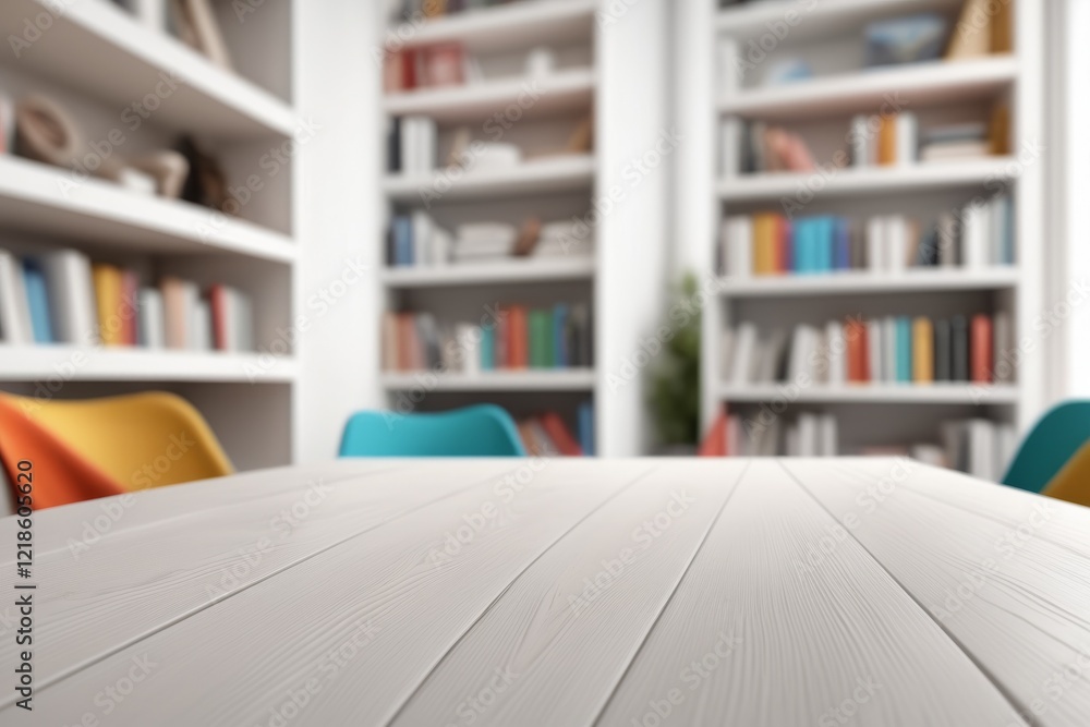 Poster a close-up empty white desk over bookshelf filled with books in a library