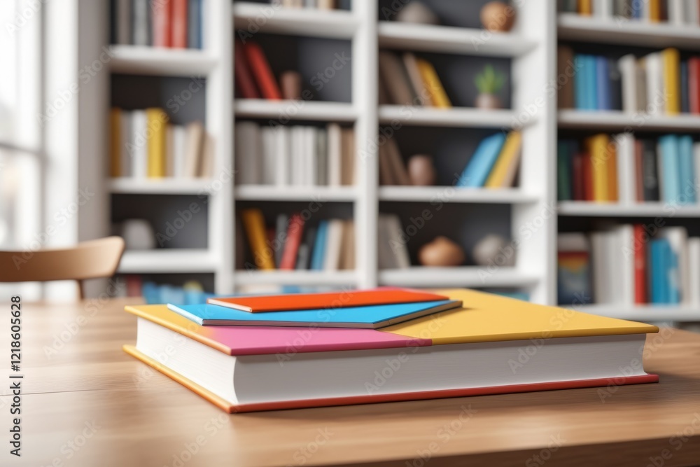 Poster a close-up desk with book over bookshelf filled with books in a library