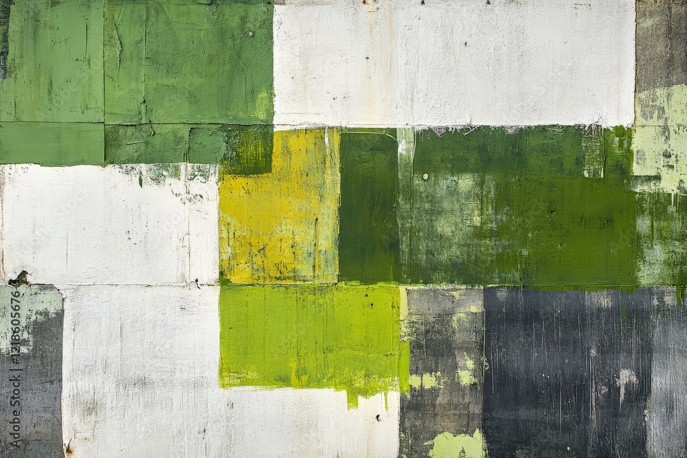 Poster abstract green and white textured wall with painted patches showing artistic expression in urban set