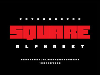 Vector of stylized blocky alphabet design with uppercase and numbers