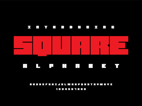 Vector of stylized blocky alphabet design with uppercase and numbers