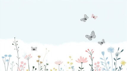 Simple illustration of wildflowers and dragonflies with a blue sky and clouds
