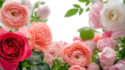 Beautiful Floral Arrangement with Pink, Red, and White Roses and Ranunculus Blooms