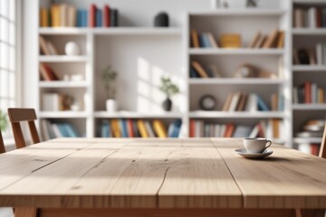 Obraz premium A close-up empty desk over bookshelf filled with books in a library