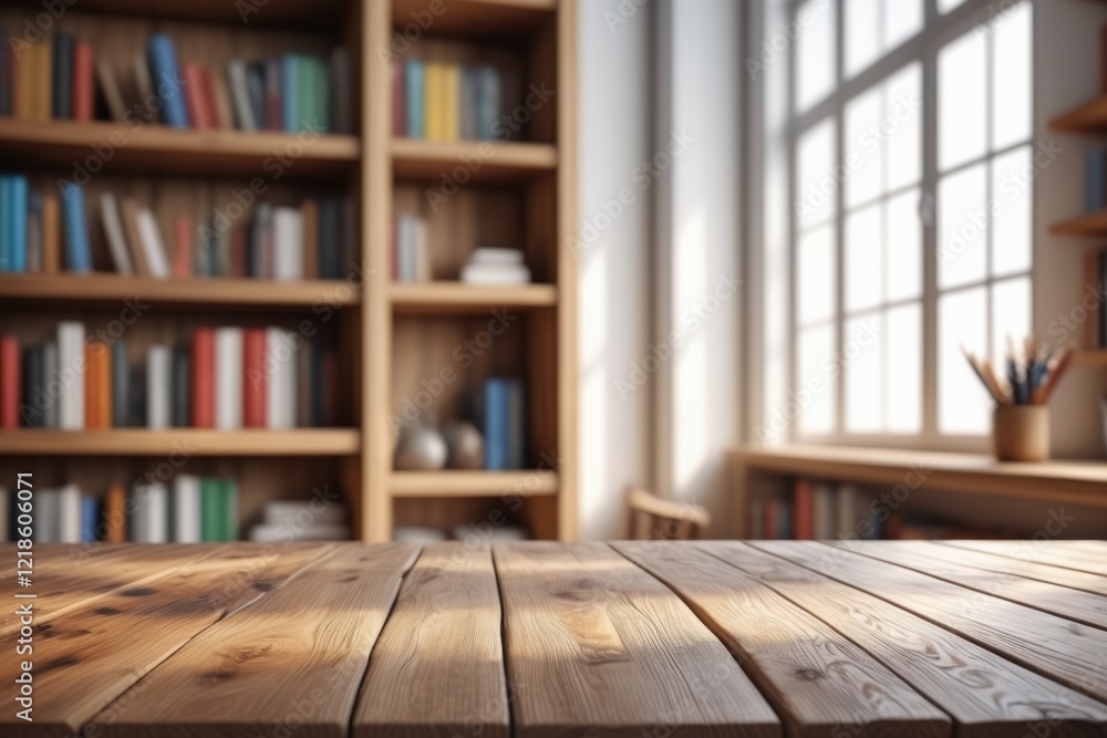 Poster a close-up empty wooden desk over bookshelf filled with books in a library