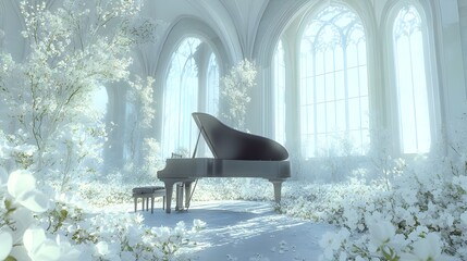 A piano sits in a room surrounded by floral and flowers generative AI