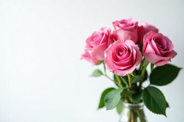 Fototapeta premium Elegant pink rose bouquet, pristine white backdrop, gentle, texture