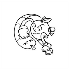 illustration of apple mascot punching caterpillar that wants to eat it, cartoon, white animal, good for your visual elements, children's coloring teaching materials, vector format
