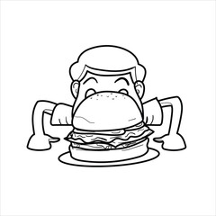 illustration of a shocked child blocked by a big burger in front of him,cartton,funny,junkfood,black and white,good for burger advertisement,vector format