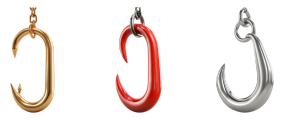 Three distinct fishing hooks isolated on a transparent background