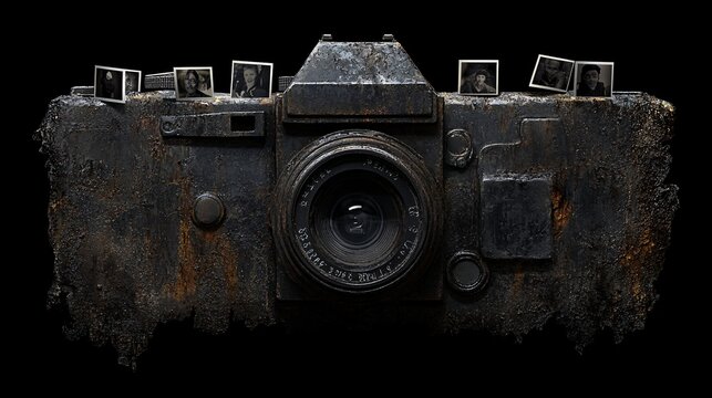 Weathered camera with old photos attached.