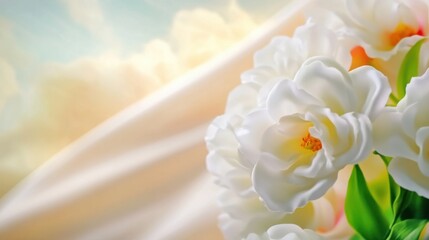 Fototapeta premium Beautiful White Flowers Against Soft Pastel Background with Gentle Breeze Effect
