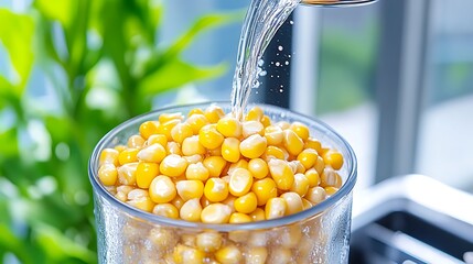 A close-up of a blender mixing corn kernels with water and a hint of sugar to create smooth corn milk