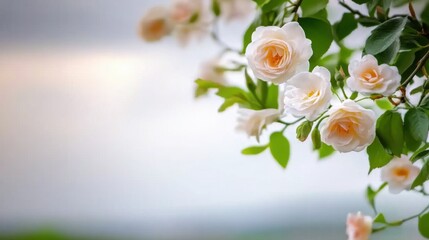 Delicate White Roses Blooming Against a Soft Blurred Background in Nature