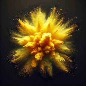 Bizarre forms of golden glitter powder paint explode in front of a black background to give off fantastic colors and forms.