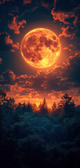 Fototapeta premium Dense dark forest at night on the horizon in the night dark sky full moon.