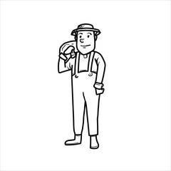 illustration of farmer carrying a sack, cartoon, black and white, good for children's coloring teaching materials and other elements of your visa, vector format