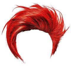 This bold red wig has a spiky style, ideal for costumes or performances, isolated on a transparent background. PNG