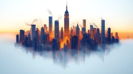 Obraz premium A surreal cityscape emerges from a sea of clouds at sunrise, skyscrapers glowing with warm light.