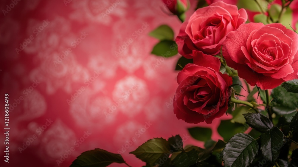Poster beautiful red roses against a soft red background with elegant patterns