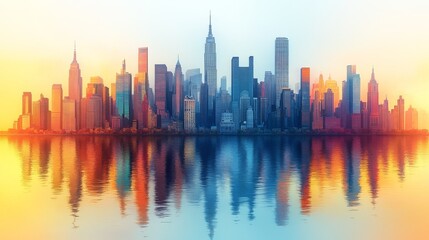 Obraz premium Vibrant sunrise cityscape reflected in calm water.