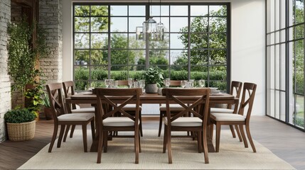 A Rustic Dining Room With A Large Window Overlooking A Garden.  A Wooden Table Is Set For A Meal, Surrounded By Chairs. The Overall Vibe Is Calm And Inviting.