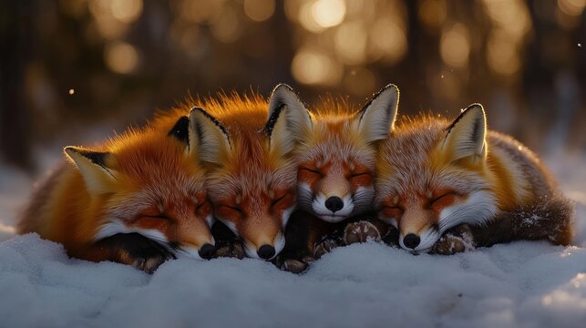 Four foxes cuddling in snowy forest sunset