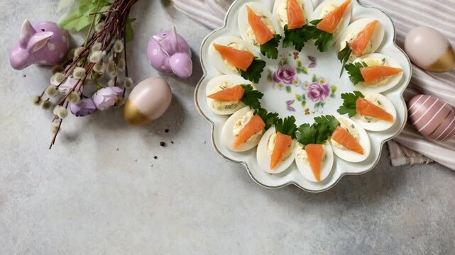 Elegant table setting with decorated plate of deviled eggs and floral arrangement