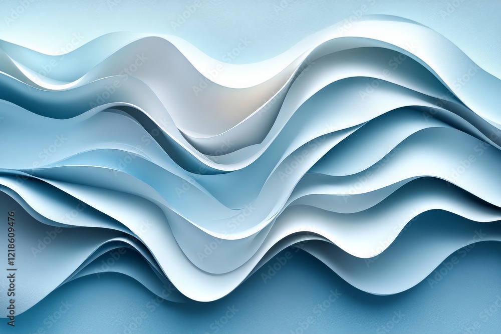 Poster waves of blue and white paper create a fluid texture resembling ocean currents in a modern artistic 