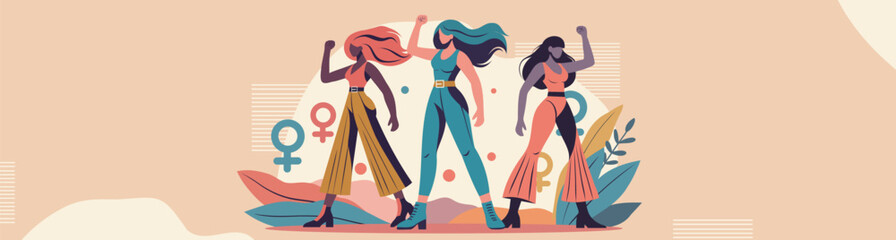 Women's month. Equality day. Women's day. Different women, different cultures and skin colors stand together and look forward. Feminism. Gender equality and women's empowerment. Vector banner