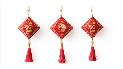 Chinese firecracker ornaments with intricate red and gold designs, hanging against a white background
