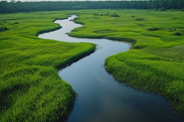 Serene winding river flowing through lush green marshland during daylight