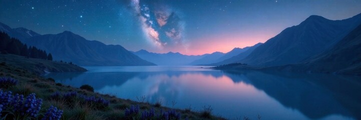 Obraz premium Glowing stars illuminate misty lake on mountain ridges, natural, serene