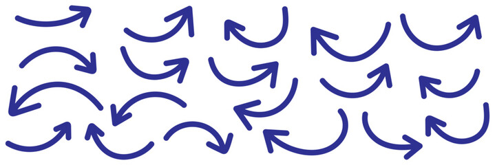 Set of Blue Hand drawn vector arrows doodle on white background. Hand drawn brush vector arrows. Hand drawn organic arrow set. Hand drawn arrow vector icons set. Blue sketch arrow set. 