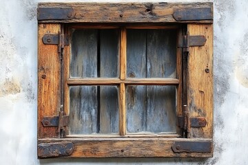 Rustic wooden window frame with weathered glass highlights old craftsmanship in a quaint setting