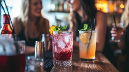 Friends chatting in a trendy bar with signature craft cocktails on the counter, stylish decor in the background.