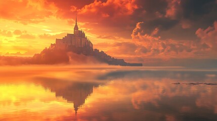Fototapeta premium AI Generate Mystical View Of Saint Michel At Sunset