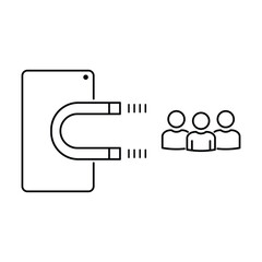 customer brand magnet icon, target strategy, influence social or media, attract user, generate marketing people, awareness in phone, thin line