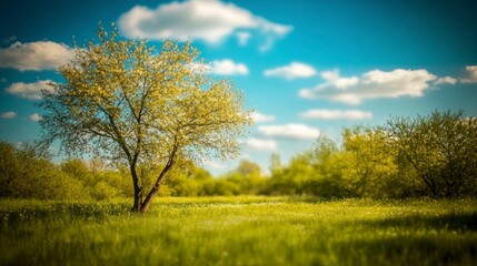 Obraz premium Serene Spring Meadow Landscape with Single Tree