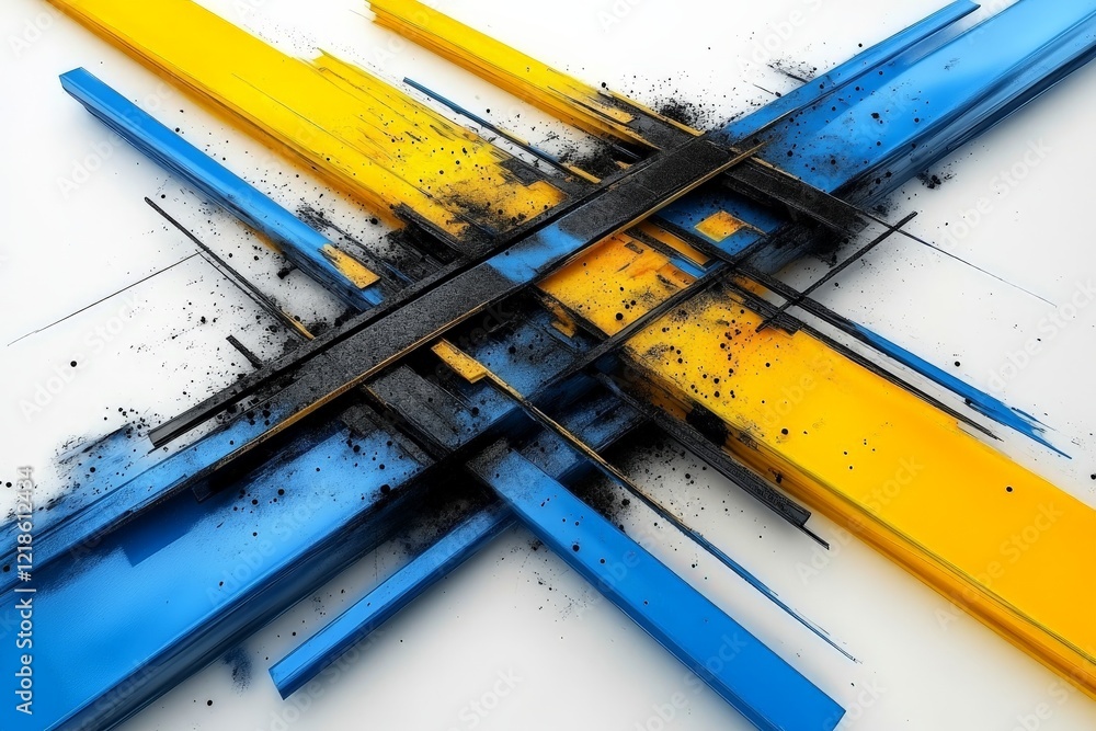Poster abstract art featuring intersecting blue and yellow lines with black splatter on a white background