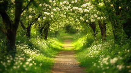 Naklejka premium Path through a forest with trees in full spring bloom - generated AI