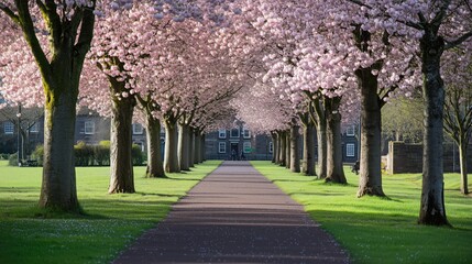 Path through a park with trees blooming on either side - generated AI