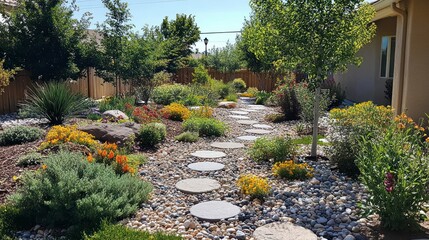 Obraz premium Stunning Backyard Stone Path Landscape Design with Flowers