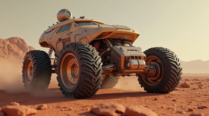 Obraz premium A large, advanced rover navigates the dusty, red terrain of Mars at sunset. Its oversized tires tackle rocky surfaces as the sun casts a warm glow on distant hills, highlighting the vehicle's design
