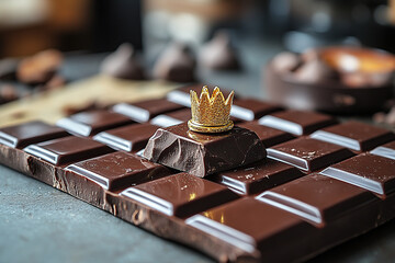 A bar of chocolate with a tiny golden crown resting on top of the first unwrapped square.
