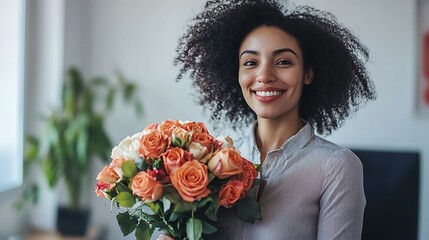 Smiling woman in a corporate office setting holding a bouquet of fresh roses, exuding positivity
