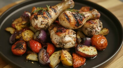 Close-up of grilled chicken drumsticks with roasted vegetables on a black plate.