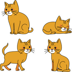 Red cute cat in different poses. Cartoon cat sitting, sleeping and walking